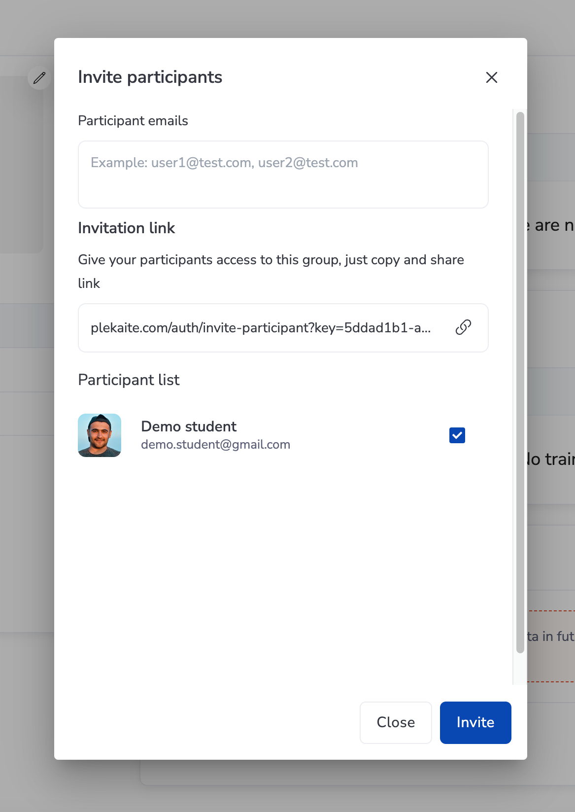 Invite participants section