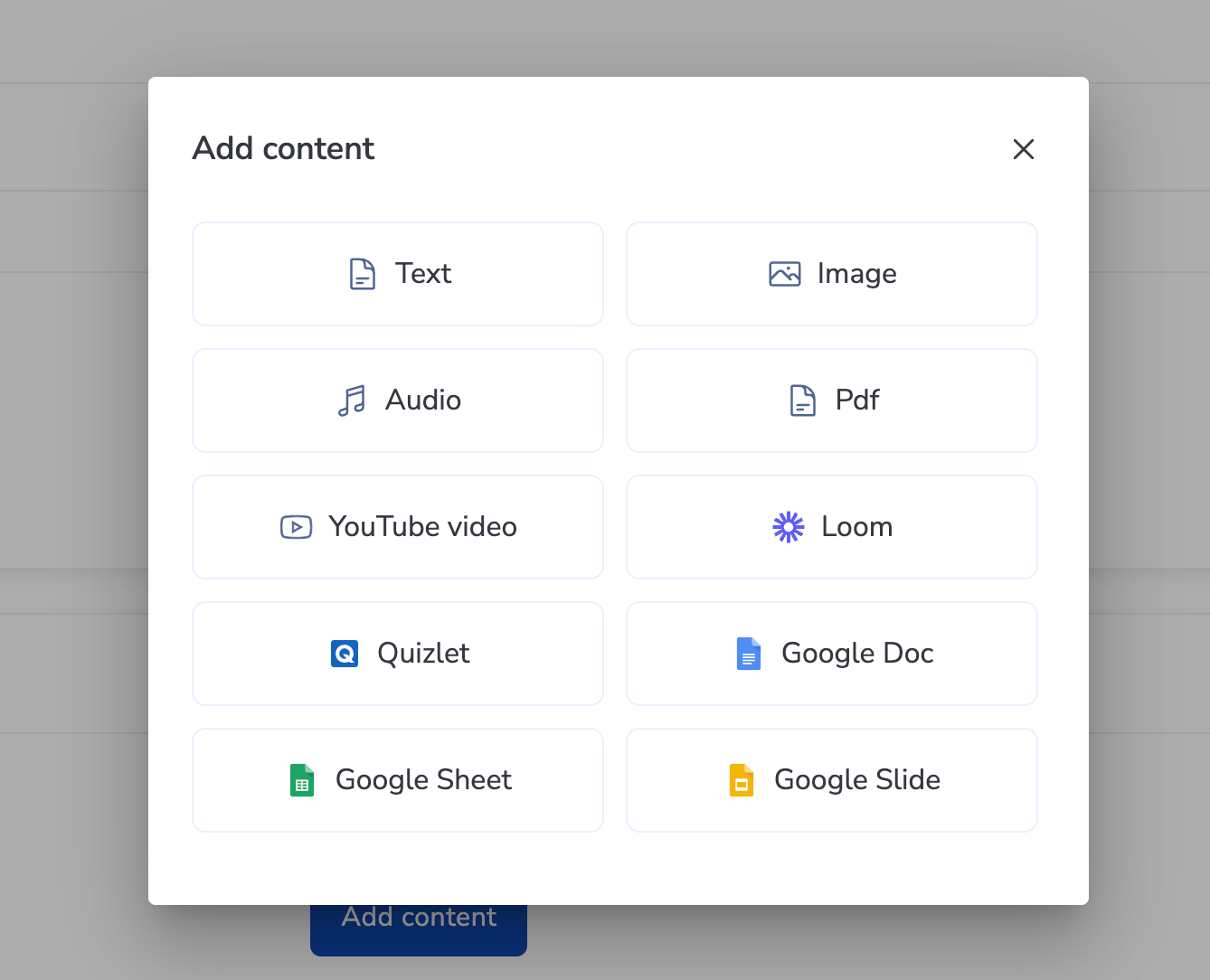 Add content dialog